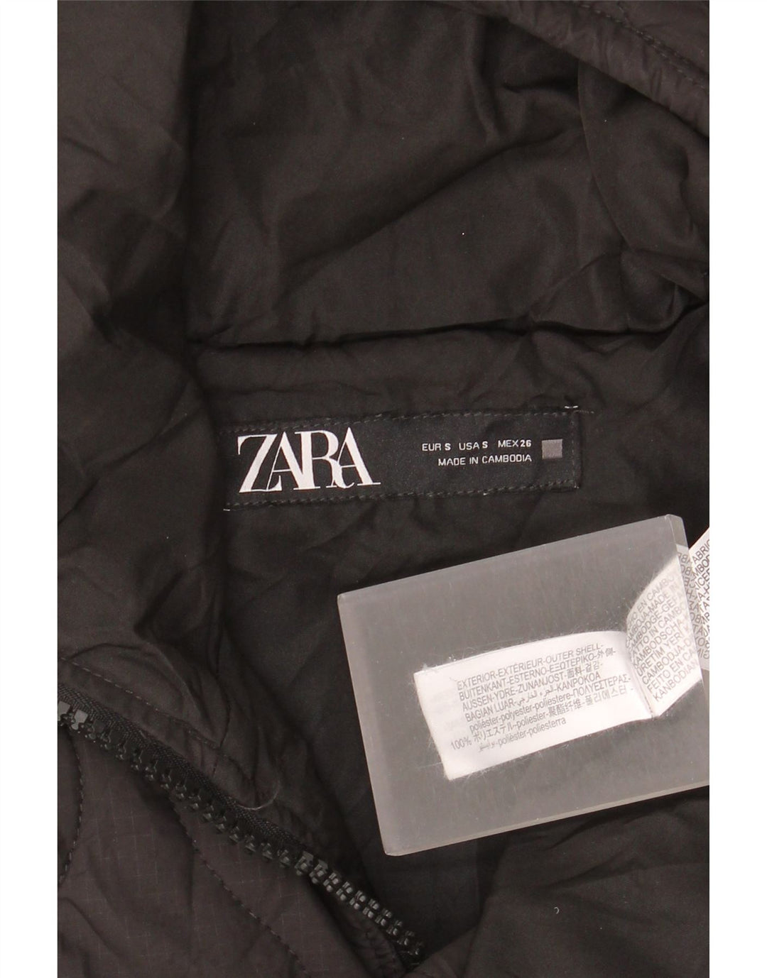 Zara Dame Hætte Oversized Quiltet Jakke UK 10 Lille Sort Polyester