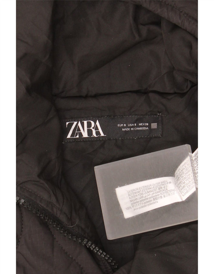 Zara Dame Hætte Oversized Quiltet Jakke UK 10 Lille Sort Polyester