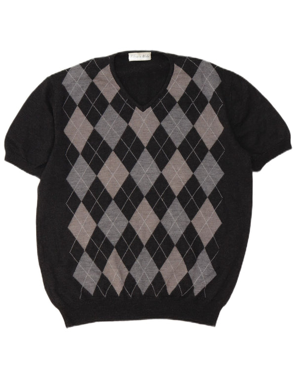 VINTAGE Dame V-hals sweater UK 16 Large Grey Argyle/Diamond
