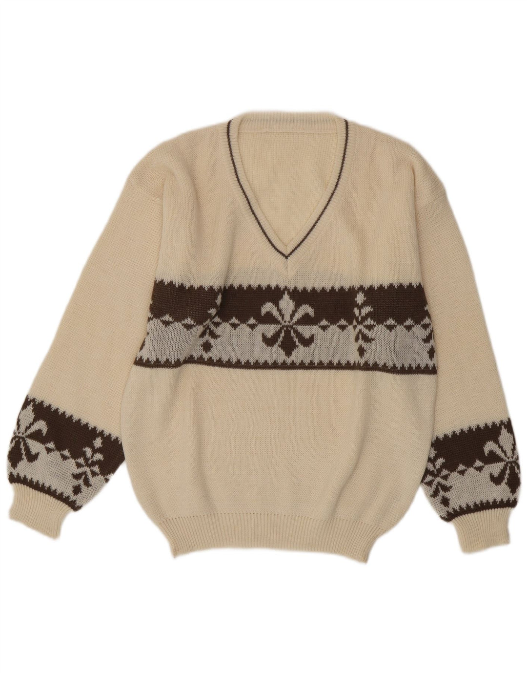 Vintage Herre V-hals sweater Large White Fair Isle Wool