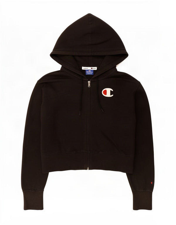 Champion Womens Crop Zip Hoodie Sweater UK 10 Small Black Cotton