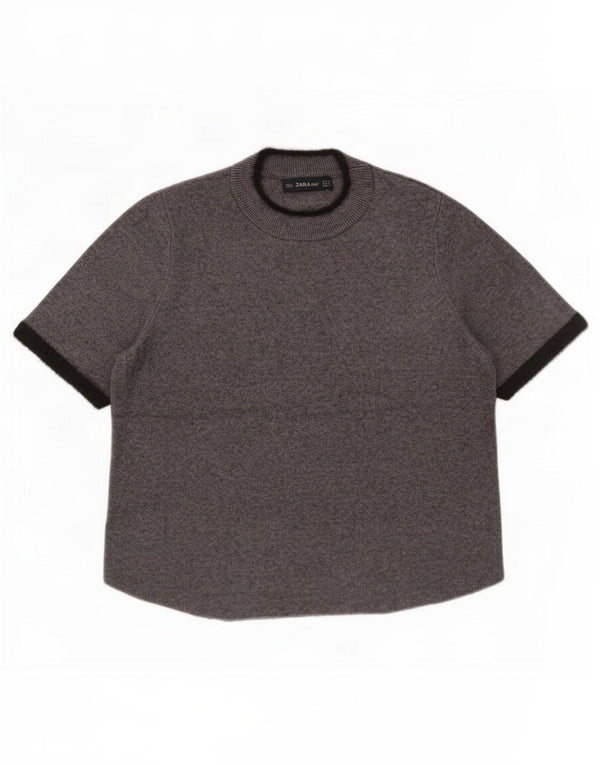 Zara Womens Crop Kortærmet Jumper Sweater med rund hals UK 12 Medium Grey