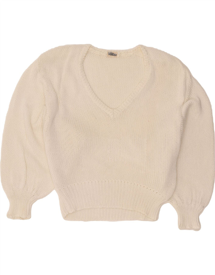 VINTAGE Womens Crop V-Neck Jumper Sweater UK 8 Small White Vintage Vintage and Second-Hand Vintage from Messina Hembry 