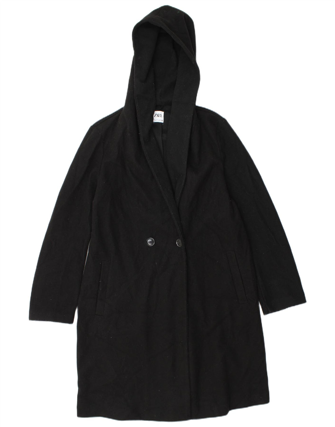 Zara Dame Hætte Oversized Dobbeltradet Frakke UK 10 Small Black