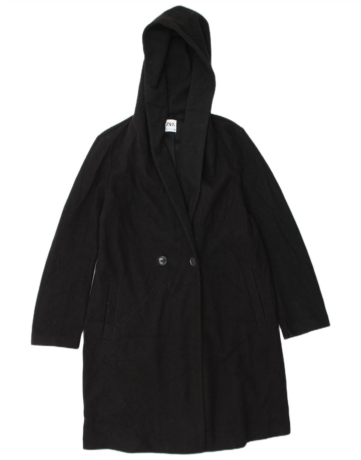 Zara Dame Hætte Oversized Dobbeltradet Frakke UK 10 Small Black