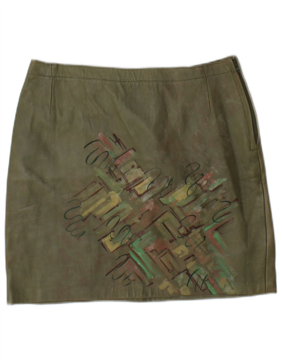 Vintage Kvinders Grafisk Mini Lædernederdel W26 Small Khaki