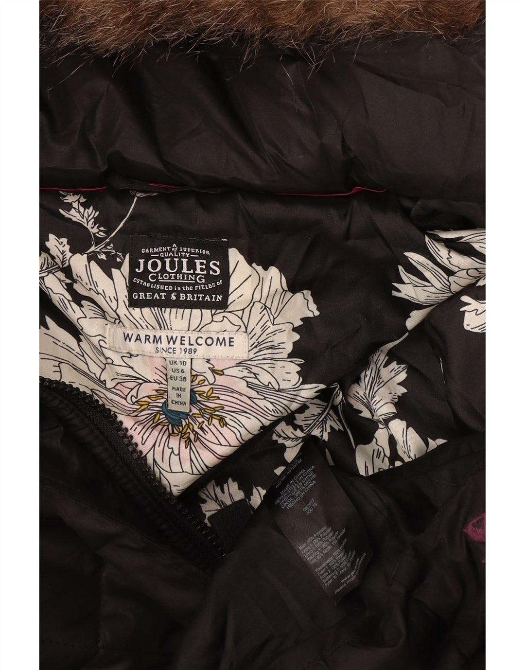 Joules Dame Hætte Quiltet Overfrakke UK 10 Small Black Polyester