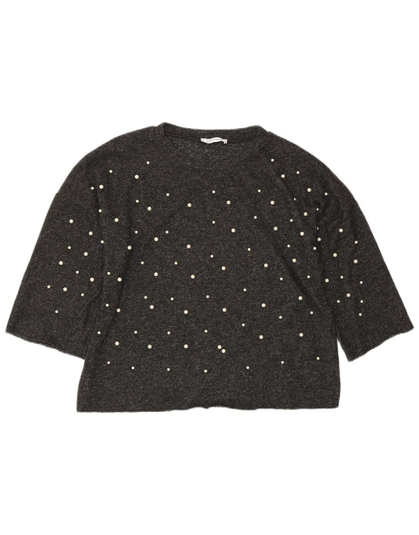 ZARA Womens Oversized Crop Top 3/4 ærme UK 10 Small Grey Viscose