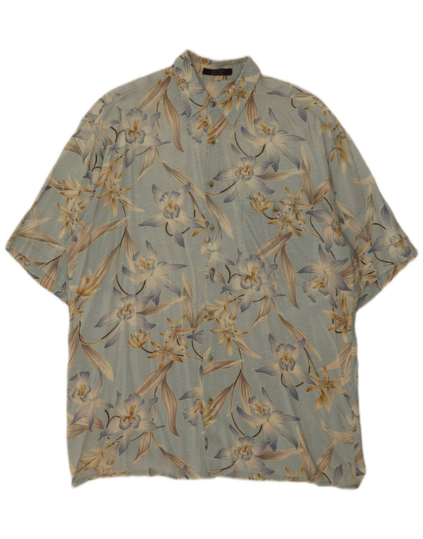 Vintage kortærmet skjorte til mænd Large Blue Floral Rayon