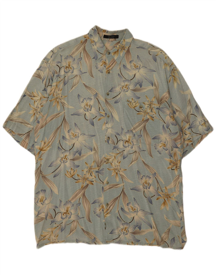 Vintage kortærmet skjorte til mænd Large Blue Floral Rayon