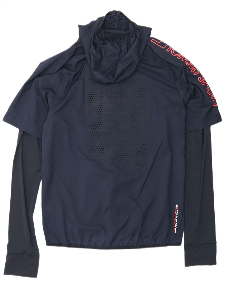 TOMMY HILFIGER Mens Hooded Tracksuit Top Jacket Large Navy Blue Nylon