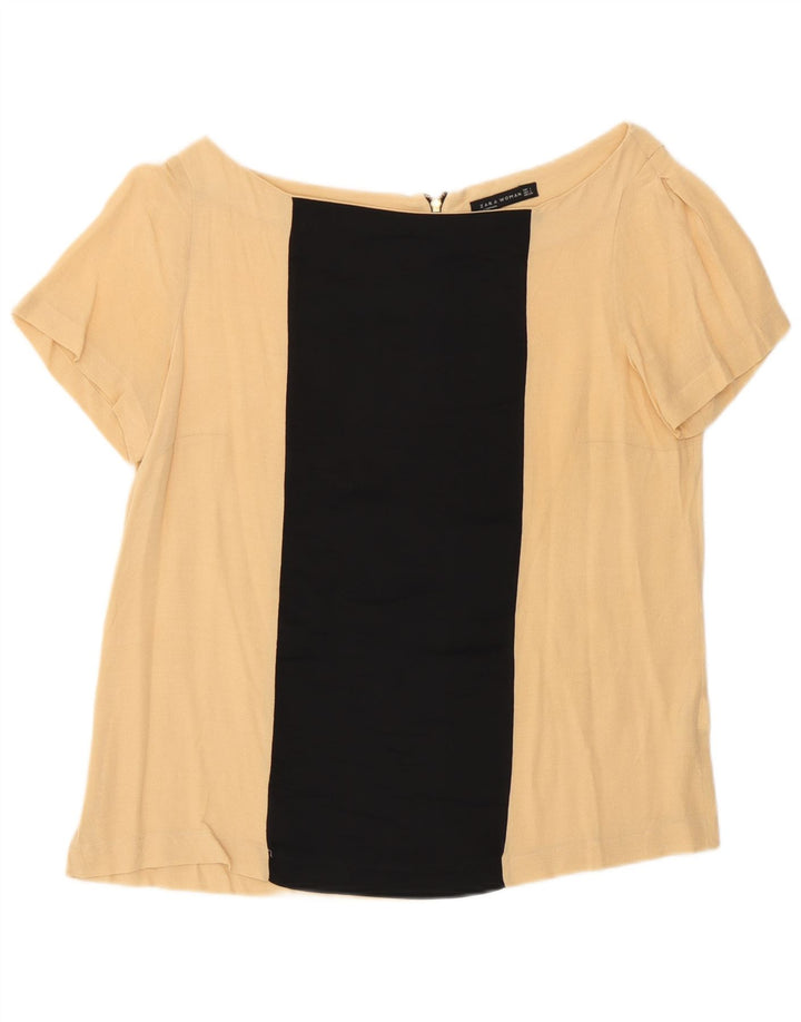 Zara Dame Bluse Top UK 16 Stor Beige Colourblock Viscose