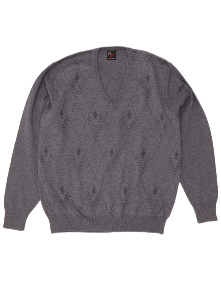 Vintage Herre V-hals sweater Medium Grey Argyle/Diamond Wool