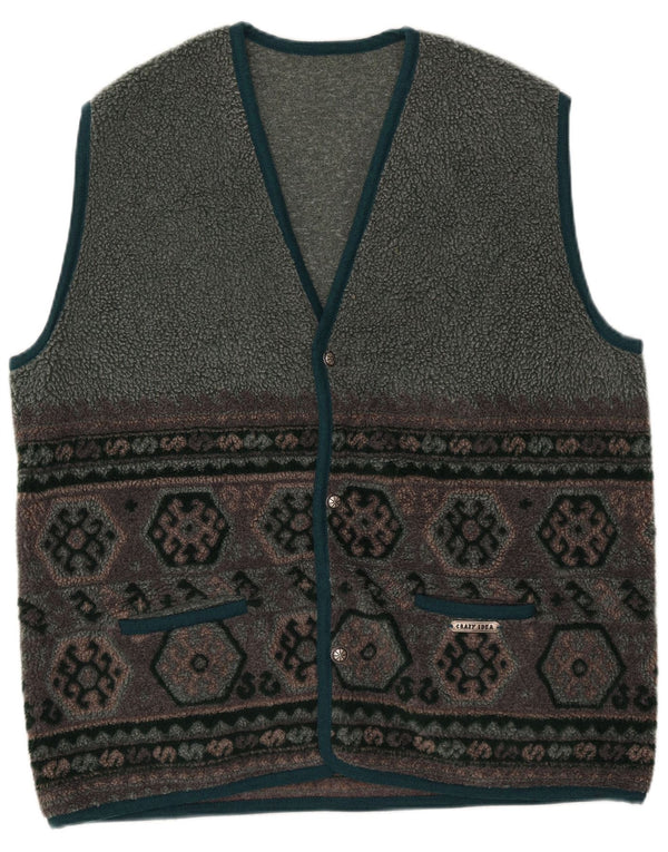 Vintage Herre Fleece Gilet UK 42 XL Grå Geometrisk Polyester