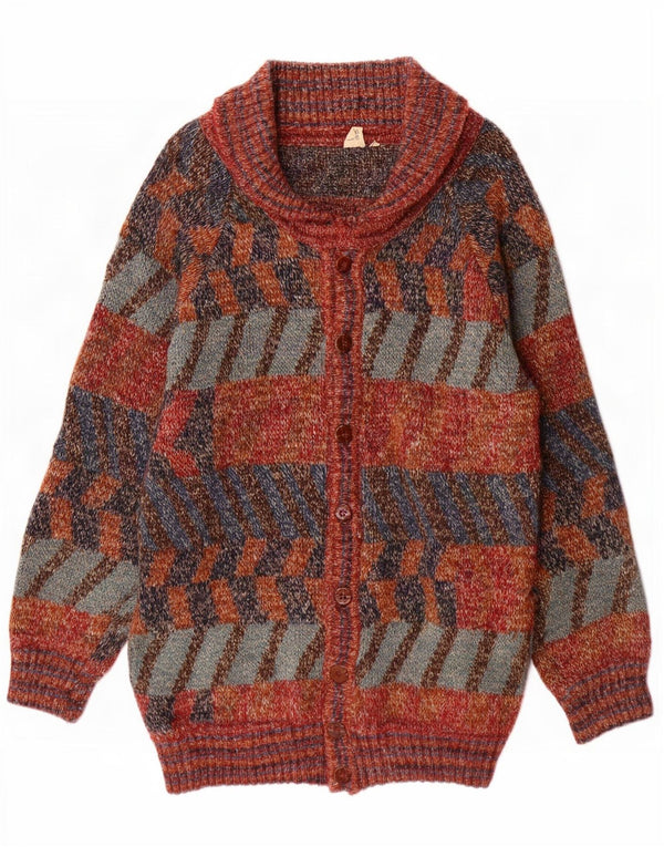 Vintage Herre Longline Cardigan Sweater Stor flerfarvet geometrisk uld
