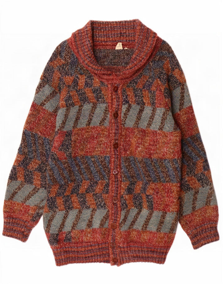 Vintage Herre Longline Cardigan Sweater Stor flerfarvet geometrisk uld