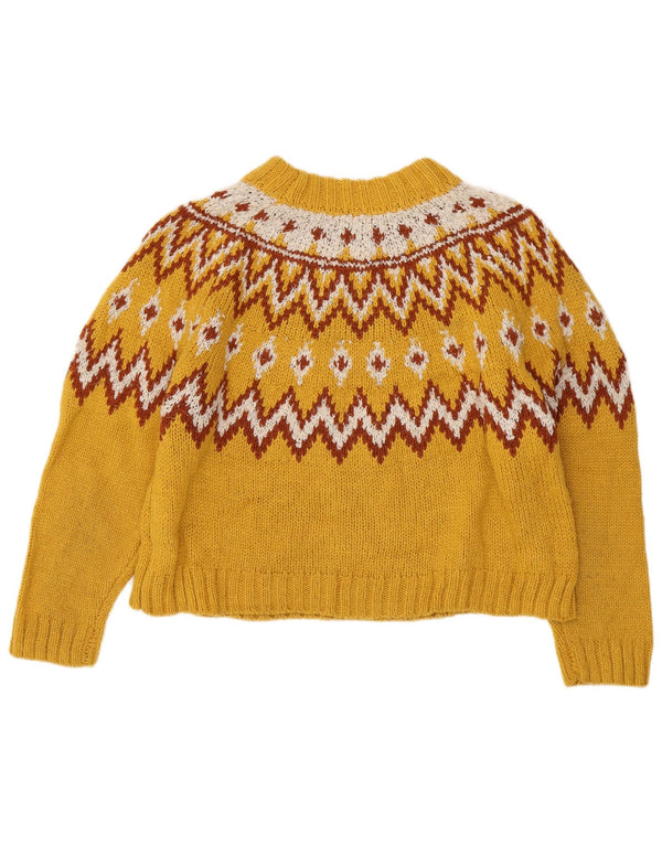 Topshop Dame Crop Crew Neck Jumper Sweater UK 14 Large Yellow Fair Isle