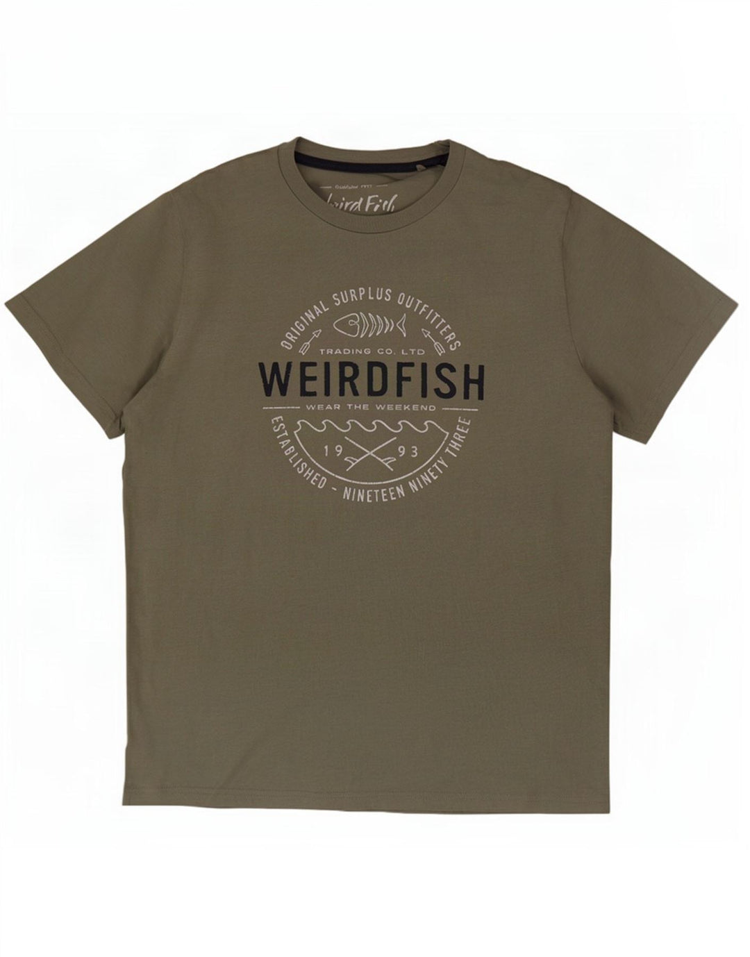 Weird Fish Herre grafisk T-shirt Top Stor Khaki Bomuld