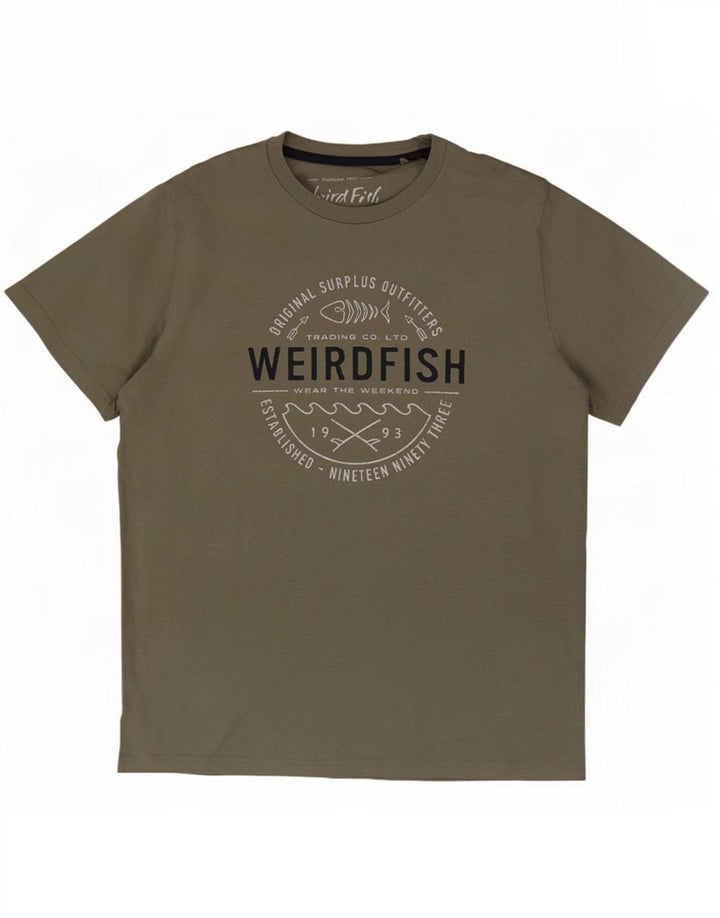 Weird Fish Herre grafisk T-shirt Top Stor Khaki Bomuld