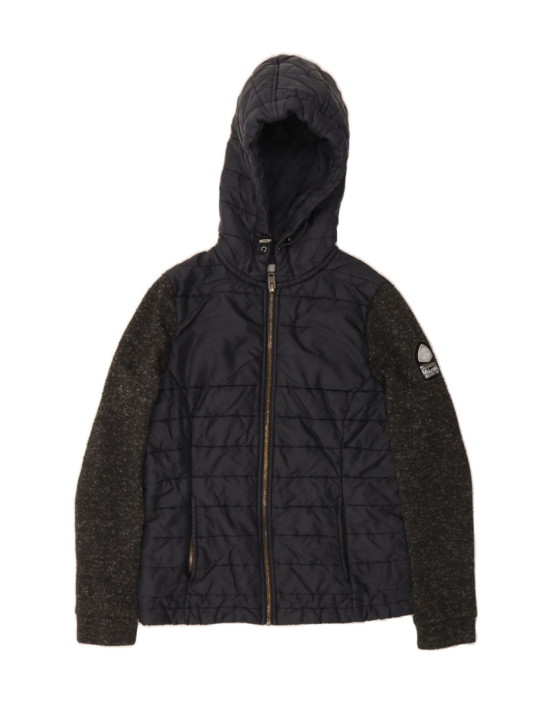 SUPERDRY Womens Hooded Padded Jacket UK 10 Small Navy Blue Colourblock Vintage Superdry and Second-Hand Superdry from Messina Hembry 