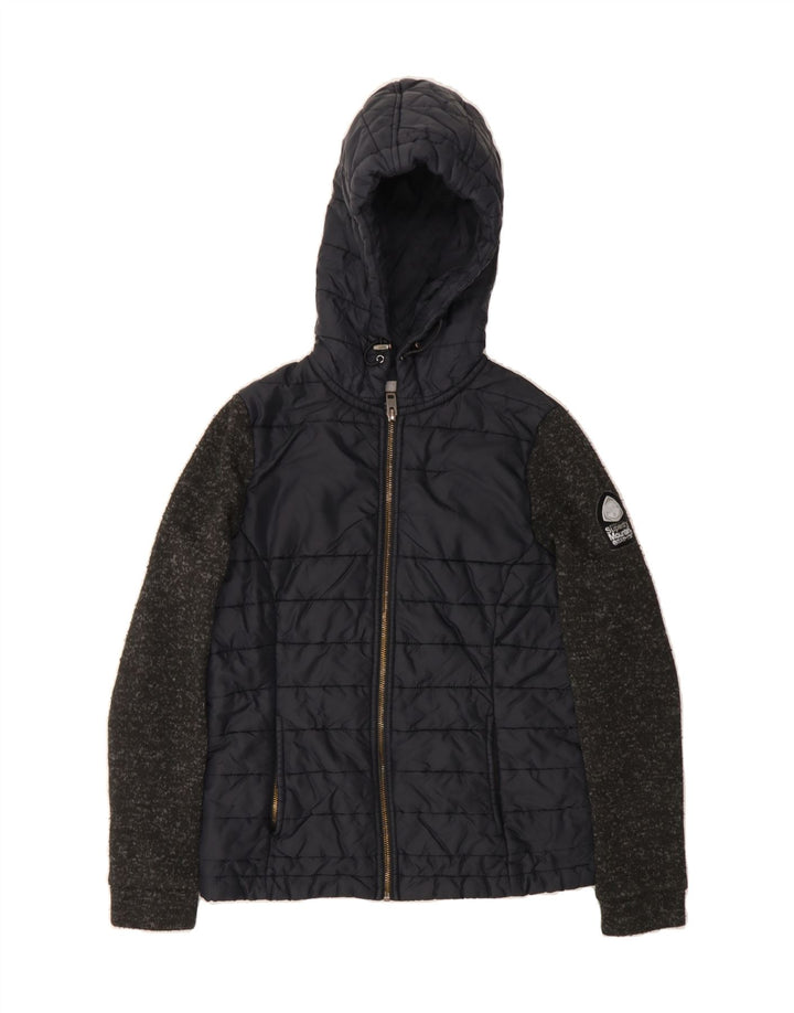 SUPERDRY Womens Hooded Padded Jacket UK 10 Small Navy Blue Colourblock Vintage Superdry and Second-Hand Superdry from Messina Hembry 
