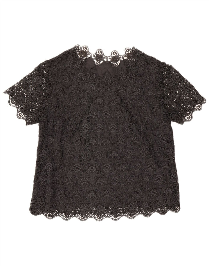 Vintage Dame Bluse Top UK 14 Large Black Floral