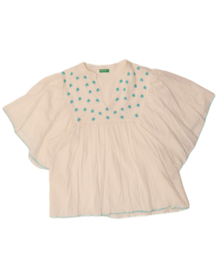 Benetton Damer Batwing Bluse Top UK 14 Medium White Floral Bomuld