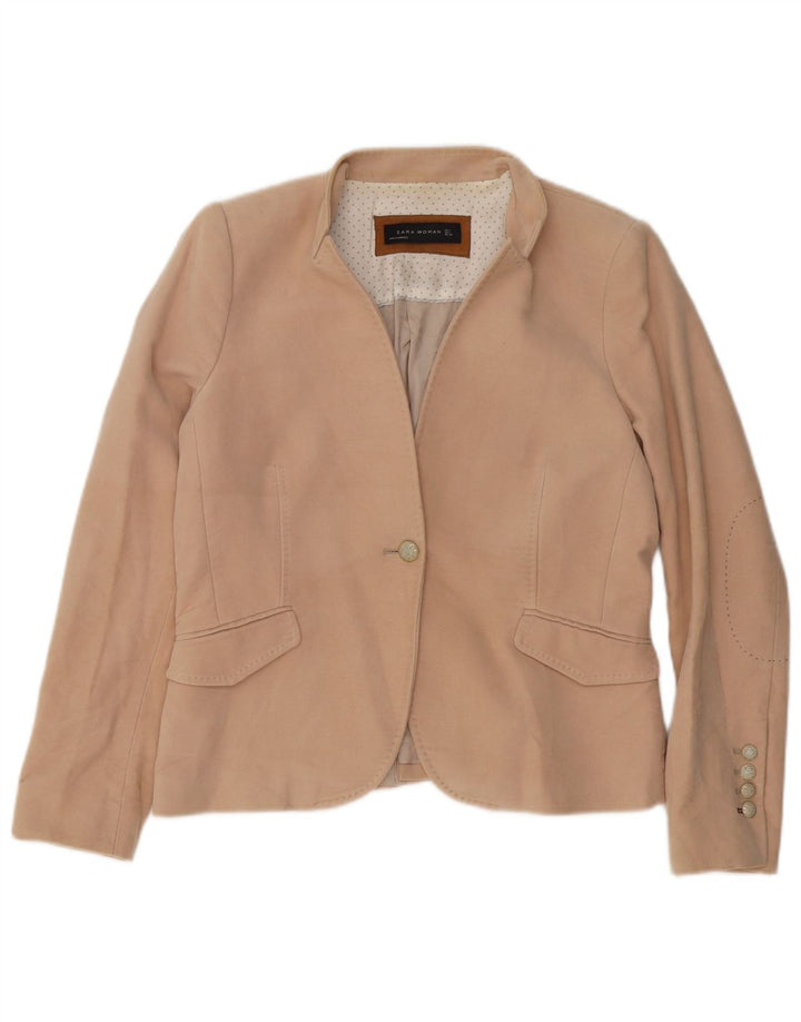 Zara Dame 1 Knap Blazer Jakke UK 14 Stor Beige Bomuld