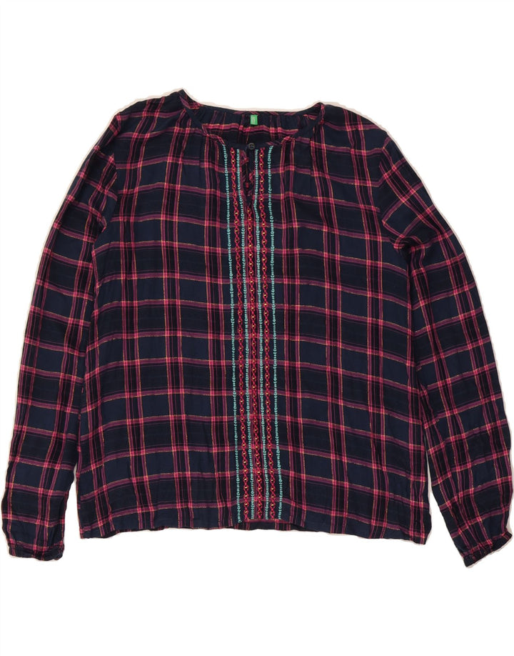 BENETTON Womens Long Sleeve Blouse Top UK 12 Medium Navy Blue Check Vintage Benetton and Second-Hand Benetton from Messina Hembry 