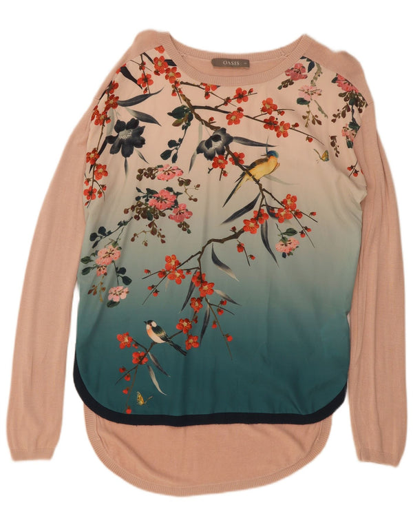 Oasis Dame Grafisk Oversized Boat Neck Jumper Sweater UK 6 XS Pink Floral