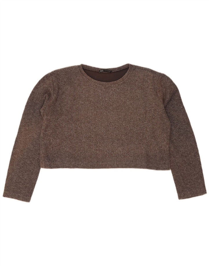 Zara Womens Crop Top Langærmet UK 14 Medium Grey Bomuld