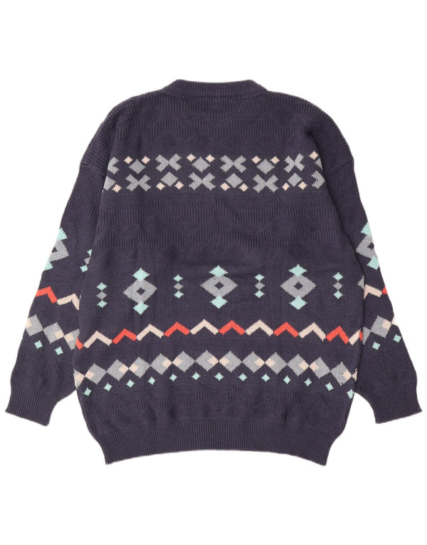 Vintage herre rund hals sweater 2XL marineblå geometrisk bomuld