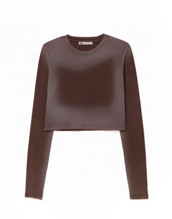 Zara Dame Crop Top Langærmet UK 12 Medium Brun Colourblock Bomuld