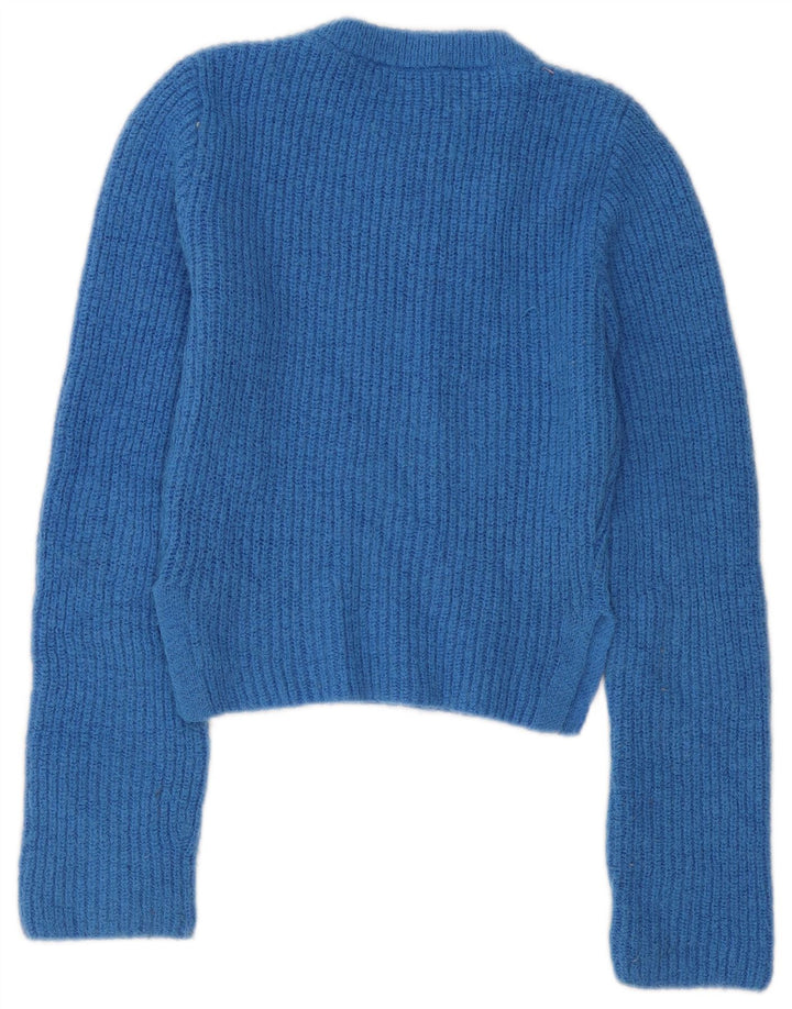 Zara Womens Crop Crew Neck Jumper Sweater UK 12 Medium Blue Polyester