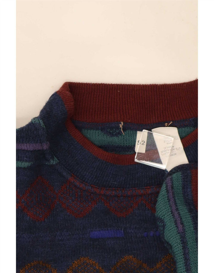Vintage Herre Turtle Neck Jumper Sweater IT 52 Stor blå geometrisk akryl