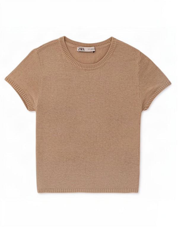 Zara Womens Crop Short Sleeve Boat Neck Jumper Sweater UK 12 Medium Beige