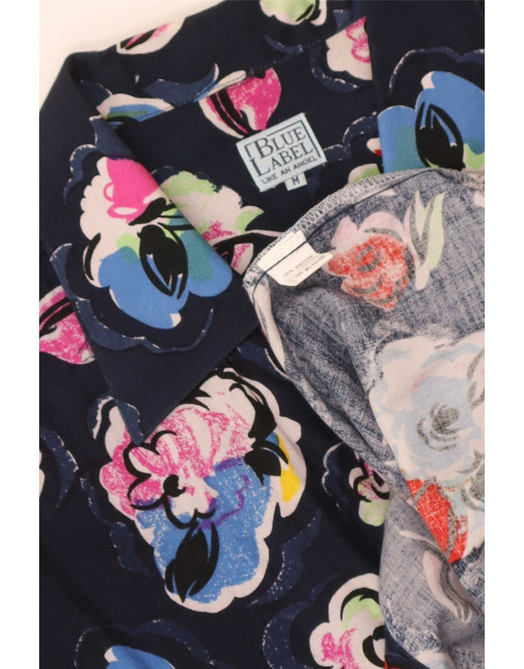 Vintage Kortærmet Herreskjorte Medium Navy Blue Floral Viscose