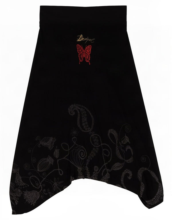 Desigual Dame Grafisk Asymmetrisk Nederdel Medium W30 Sort Paisley Viscose