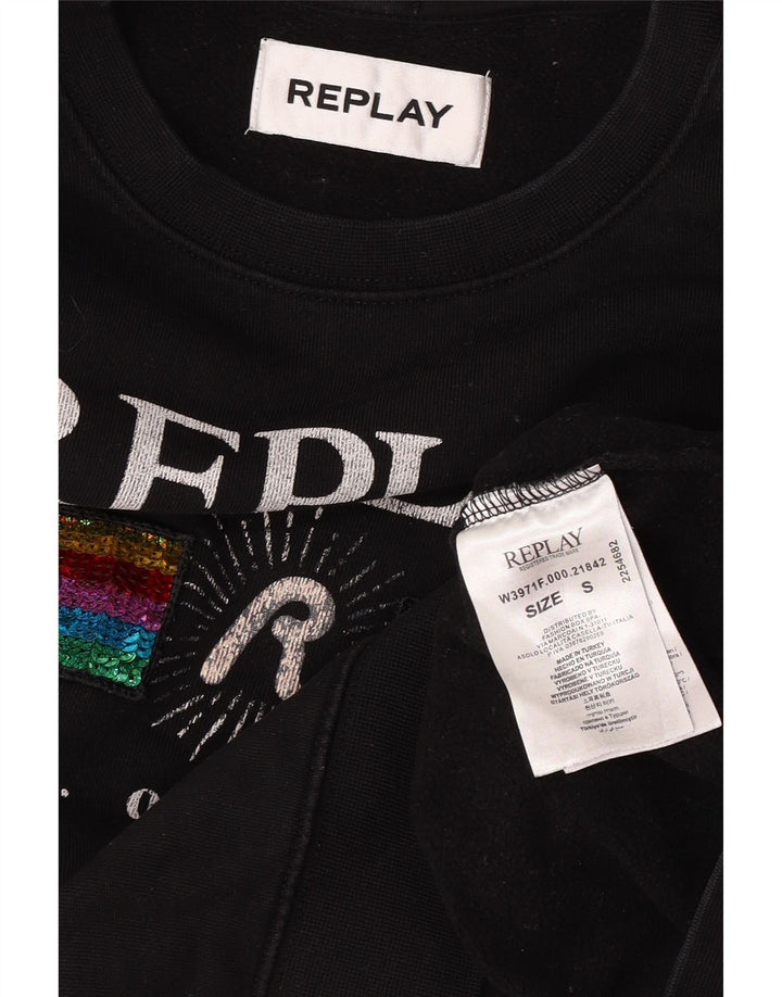 Replay Womens Grafisk Oversized Sweatshirt Jumper UK 10 Small Black Bomuld