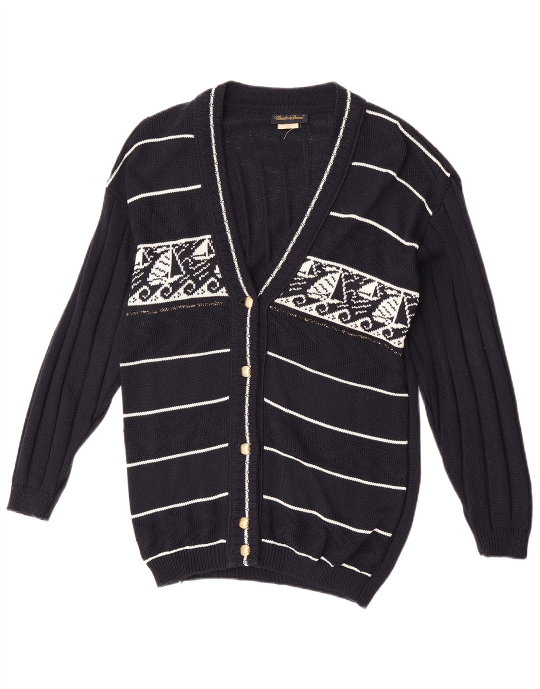 Claude De Pierre Dame Cardigan Sweater UK 14 Medium Navy Blue Geometric