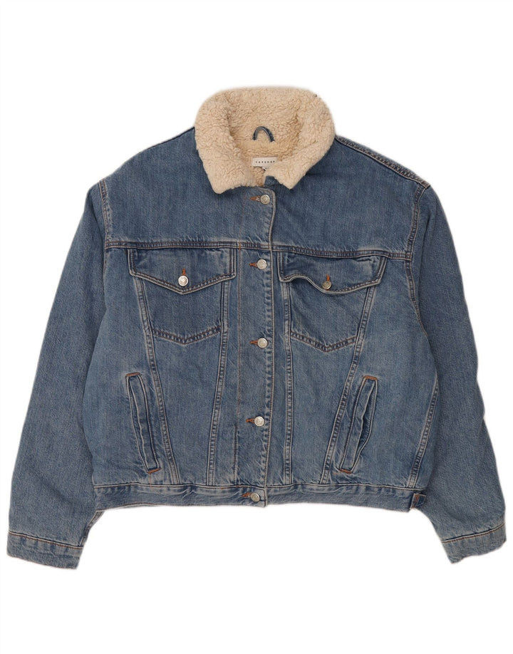 Topshop Dame Oversized Denim Sherpa Jacket UK 10 Small Blue Cotton