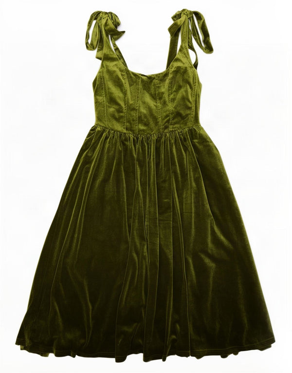 Vintage Kvinders Ærmeløs Velvet A-Line Kjole UK 10 Small Khaki