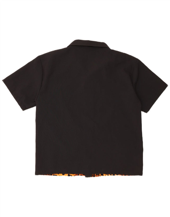 Vintage kortærmet herreskjorte XL sort dyreprint polyester
