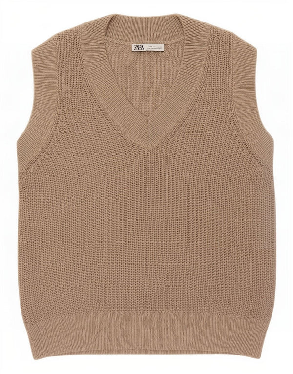 Zara Dame Oversized Vest Tank Top UK 10 Small Khaki Acryl