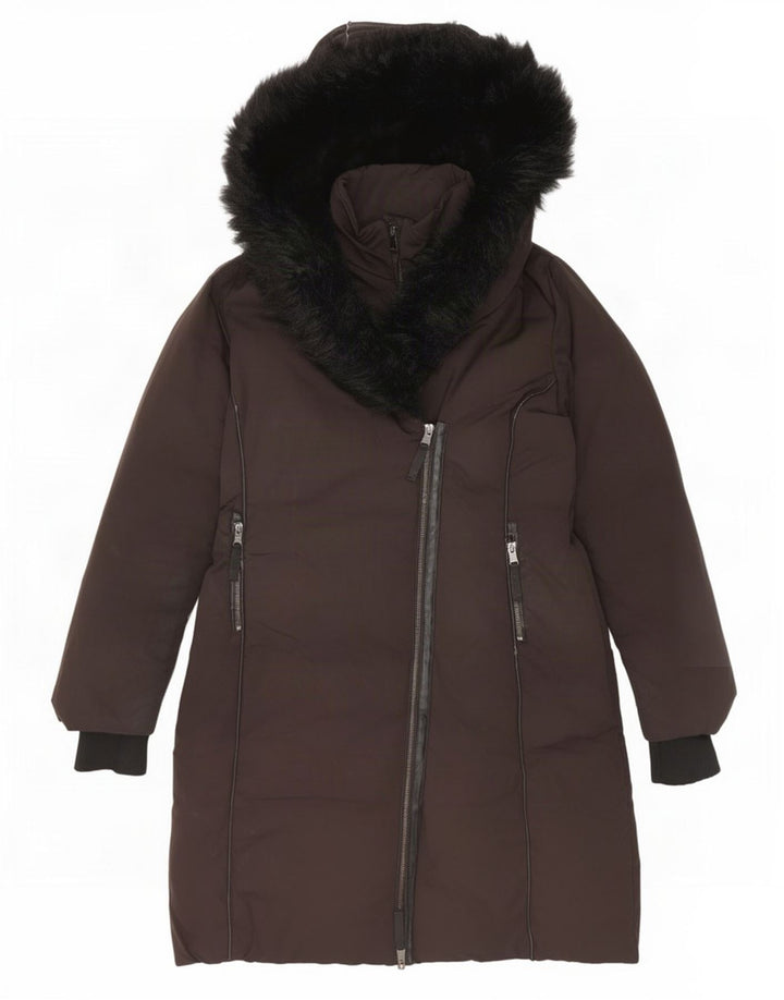 Zara Dame Hætte Polstret Frakke UK 14 Medium Sort Polyester