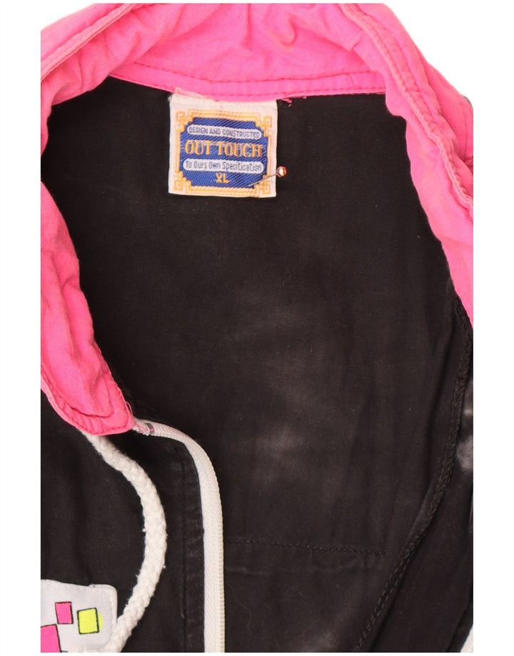 VINTAGE Grafisk træningsdragt topjakke til kvinder UK 18 XL Sort Colourblock