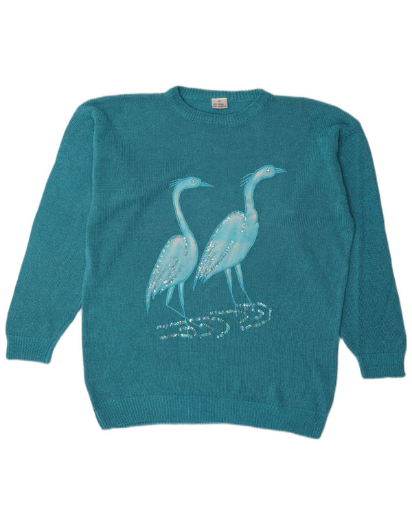 Vintage Kvinders Grafisk Oversized Boat Neck Jumper Sweater UK 14 Medium Blue