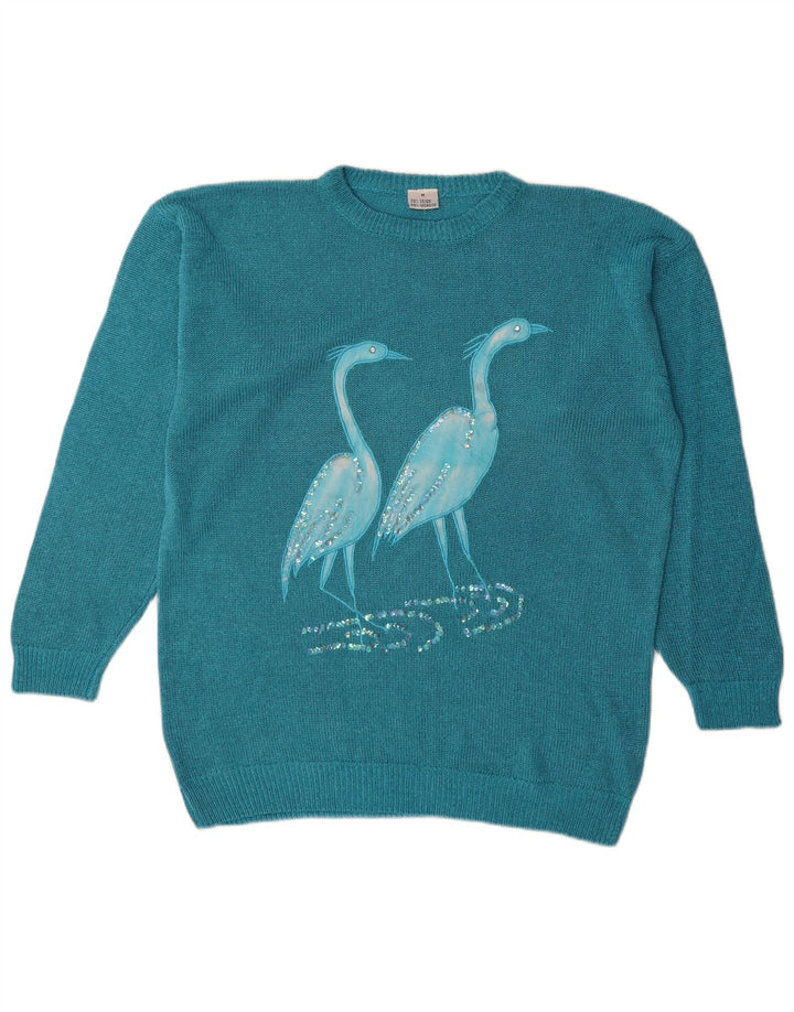 Vintage Kvinders Grafisk Oversized Boat Neck Jumper Sweater UK 14 Medium Blue