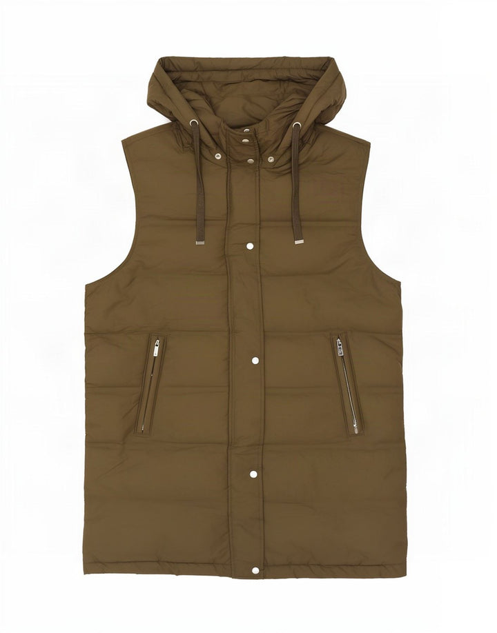 Zara Longline hættetrøje polstret Gilet UK 14 Medium Khaki Polyester