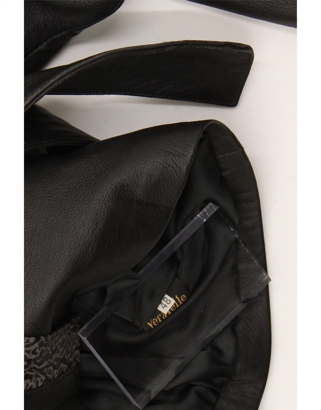 VINTAGE Dame Læderjakke IT 48 XL Sort Geometrisk Læder